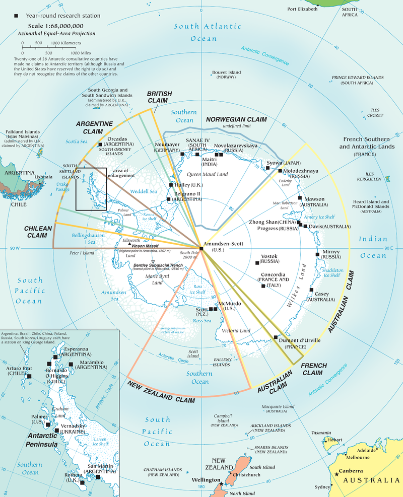 Estaciones de investigaciones y reclamaciones territoriales en la Antártida. Wikimedia Commons